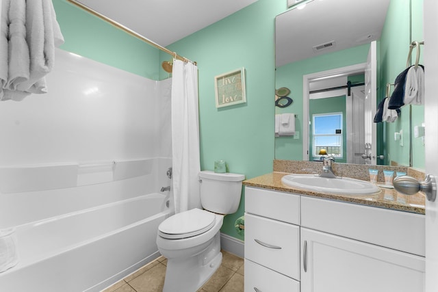 full bathroom with shower / bath combo with shower curtain, tile patterned flooring, toilet, and vanity