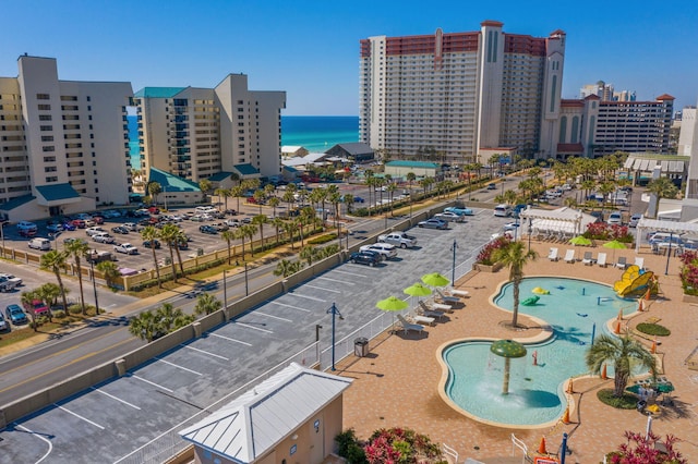 drone / aerial view with a water view