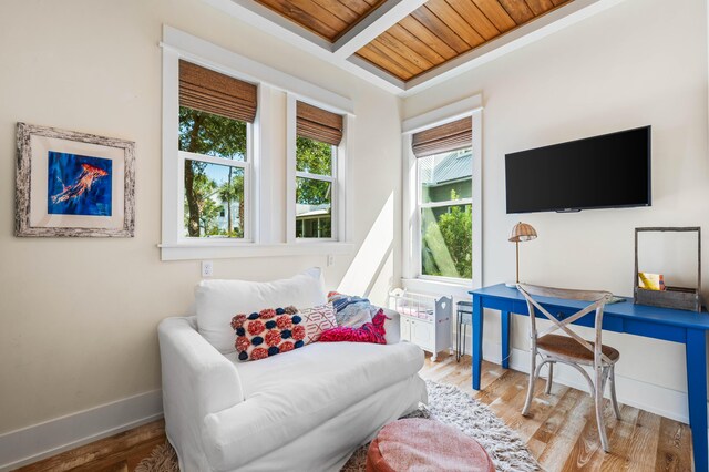 living area featuring wood ceiling, beamed ceiling, and hardwood / wood-style flooring