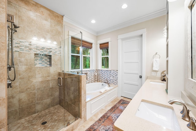 bathroom featuring plus walk in shower, tile patterned floors, vanity, and crown molding