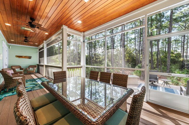 sunroom / solarium with ceiling fan and wooden ceiling