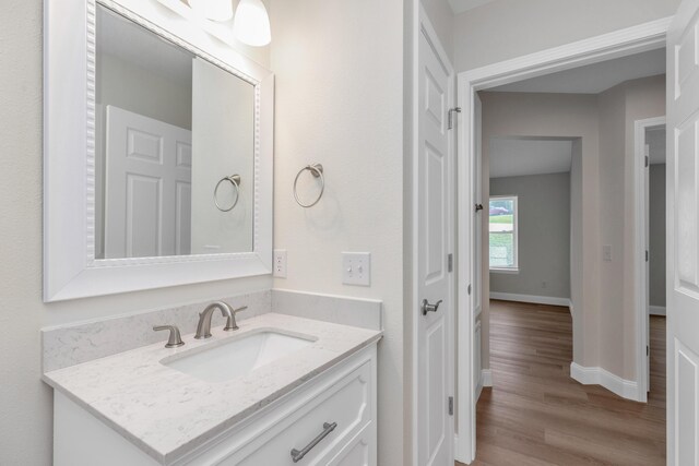 bathroom with wood-type flooring and vanity