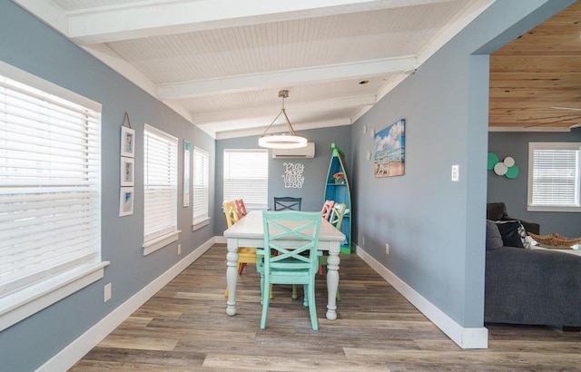 dining room with hardwood / wood-style floors, wooden ceiling, and vaulted ceiling with beams