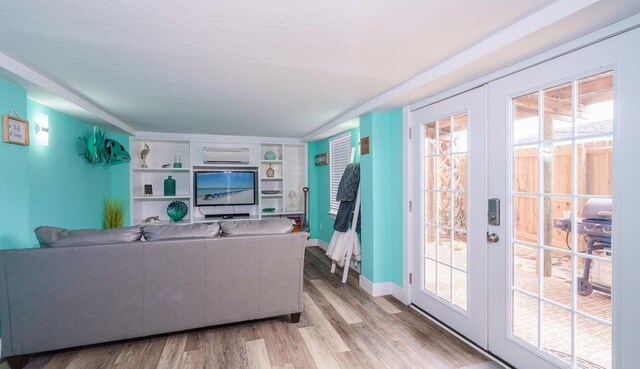 living room featuring light hardwood / wood-style flooring, plenty of natural light, and french doors