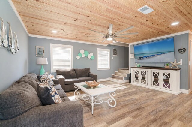 living room featuring light hardwood / wood-style flooring, ceiling fan, and wooden ceiling