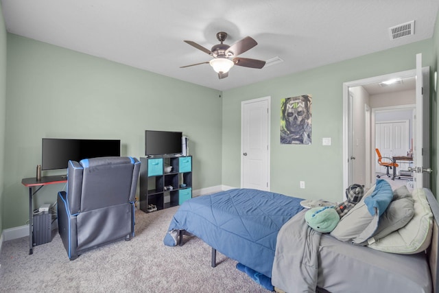 bedroom with light colored carpet and ceiling fan