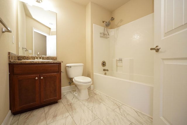 full bathroom with toilet, vanity, and tub / shower combination