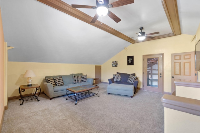 living room with lofted ceiling with beams, ceiling fan, and light colored carpet