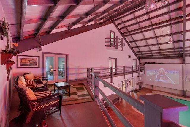 interior space featuring lofted ceiling with beams