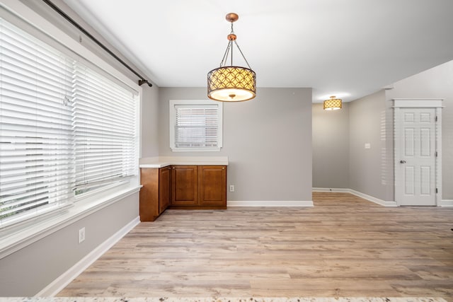 interior space with light hardwood / wood-style flooring and decorative light fixtures