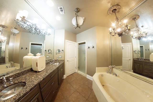 bathroom with vanity, separate shower and tub, and tile patterned floors