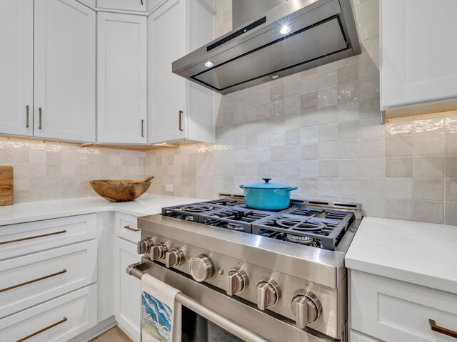 kitchen with tasteful backsplash, extractor fan, high end stainless steel range, and white cabinetry