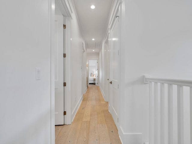 218 White Cottage Rd, Santa Rosa Beach, FL 32459 - hallway with recessed lighting, light wood-style flooring, baseboards, and attic access