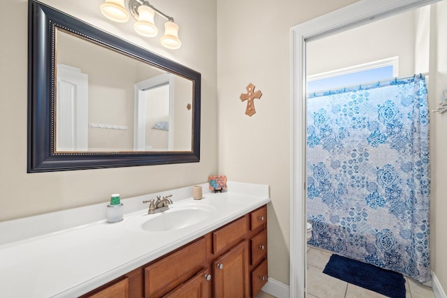 bathroom featuring tile patterned flooring, walk in shower, vanity, and toilet