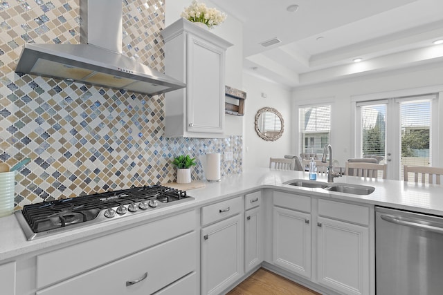 kitchen with sink, tasteful backsplash, wall chimney exhaust hood, white cabinetry, and appliances with stainless steel finishes