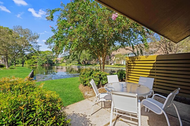 view of patio with a water view