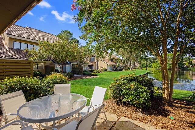 view of patio with a water view