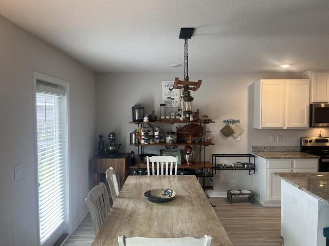 dining room with light wood-type flooring and a textured ceiling