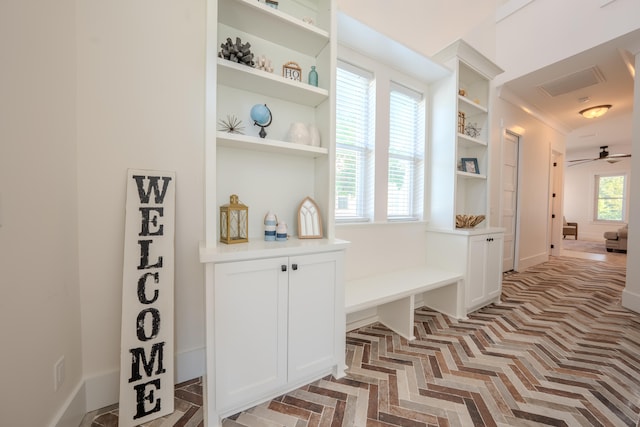 mudroom with ceiling fan