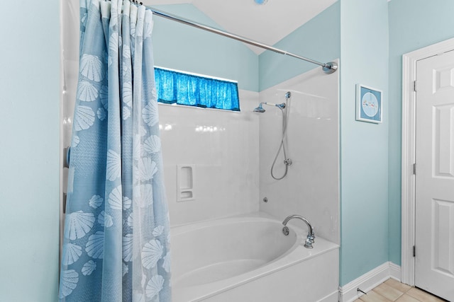 bathroom featuring shower / tub combo and tile patterned floors