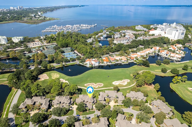 drone / aerial view featuring a water view