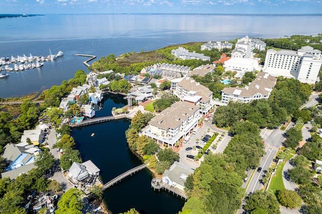 drone / aerial view with a water view