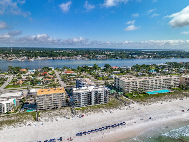 aerial view with a view of the beach and a water view