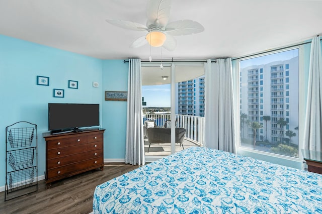 bedroom with access to outside, ceiling fan, and dark hardwood / wood-style floors