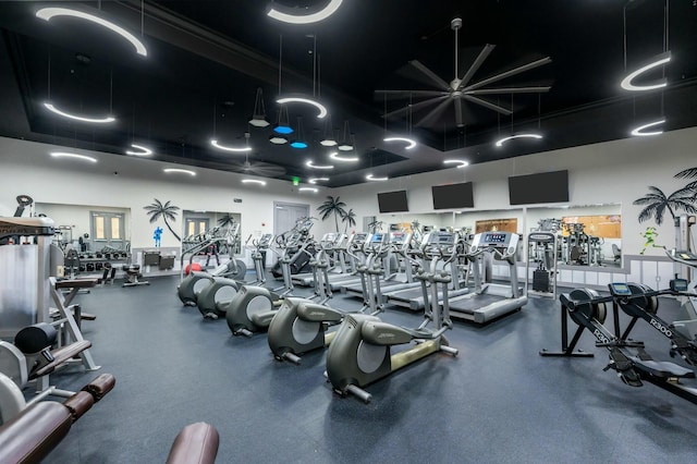 exercise room featuring a towering ceiling