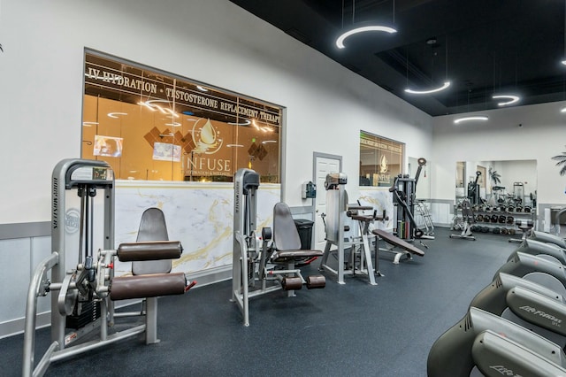 exercise room featuring a towering ceiling