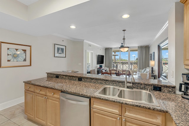 1150 Santa Rosa Blvd Unit 110, Fort Walton Beach, FL 32548 - kitchen featuring crown molding, stainless steel dishwasher, light tile patterned flooring, and sink
