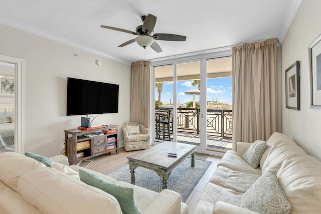 1150 Santa Rosa Blvd Unit 110, Fort Walton Beach, FL 32548 - living room with light hardwood / wood-style flooring, ceiling fan, and crown molding