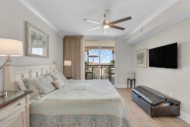 1150 Santa Rosa Blvd Unit 110, Fort Walton Beach, FL 32548 - bedroom with ceiling fan, access to exterior, crown molding, and light hardwood / wood-style floors