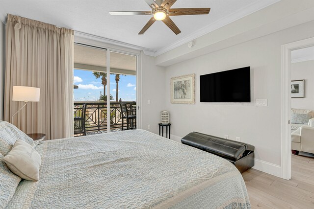 1150 Santa Rosa Blvd Unit 110, Fort Walton Beach, FL 32548 - bedroom featuring ceiling fan, ornamental molding, light hardwood / wood-style flooring, and access to exterior