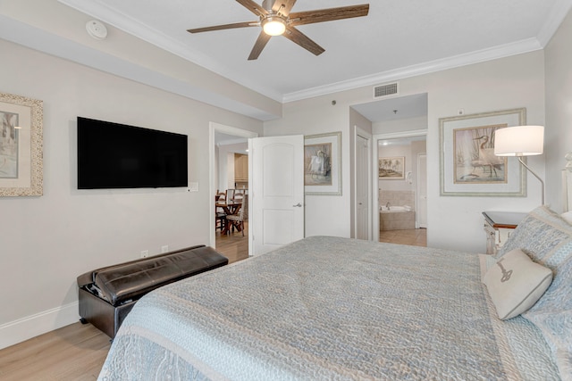 1150 Santa Rosa Blvd Unit 110, Fort Walton Beach, FL 32548 - bedroom with light hardwood / wood-style flooring, connected bathroom, ceiling fan, and crown molding