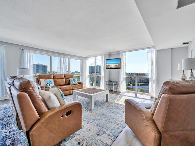 living room with a healthy amount of sunlight, light hardwood / wood-style floors, and expansive windows