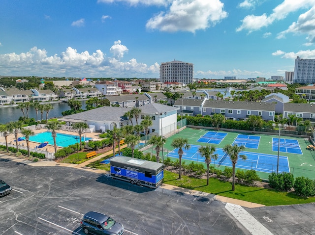 birds eye view of property featuring a water view