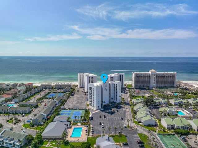 bird's eye view with a water view