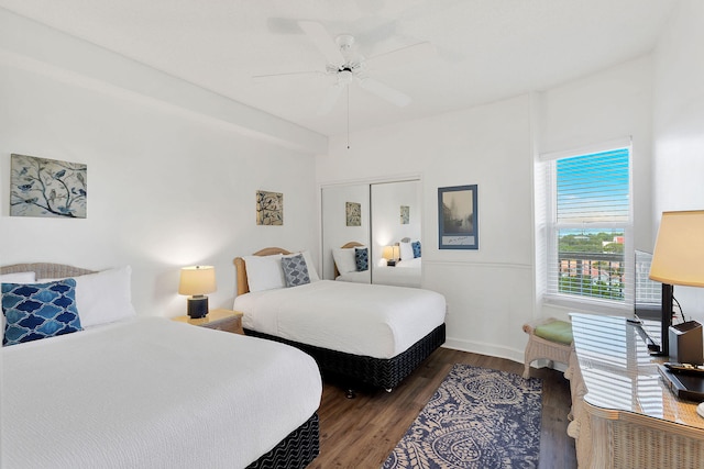 bedroom featuring ceiling fan, a closet, and dark hardwood / wood-style floors