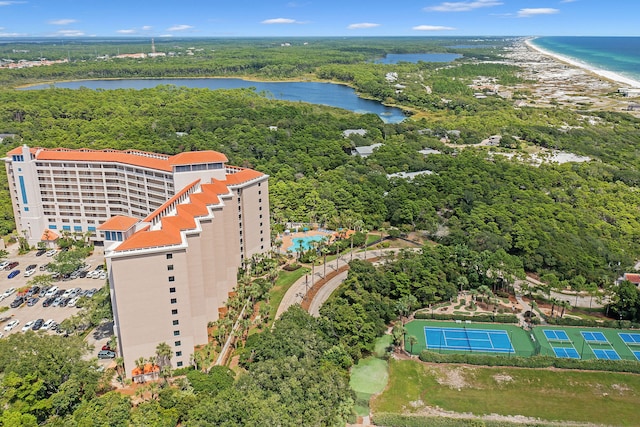 aerial view featuring a water view and a view of the beach