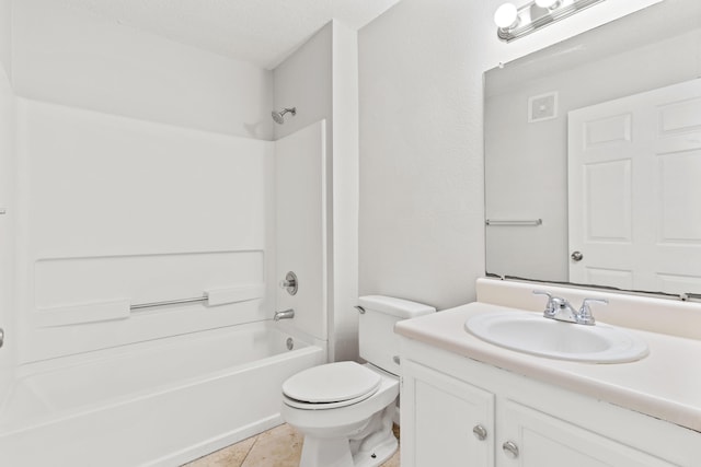 full bathroom featuring tile patterned flooring, a textured ceiling, shower / bathtub combination, vanity, and toilet