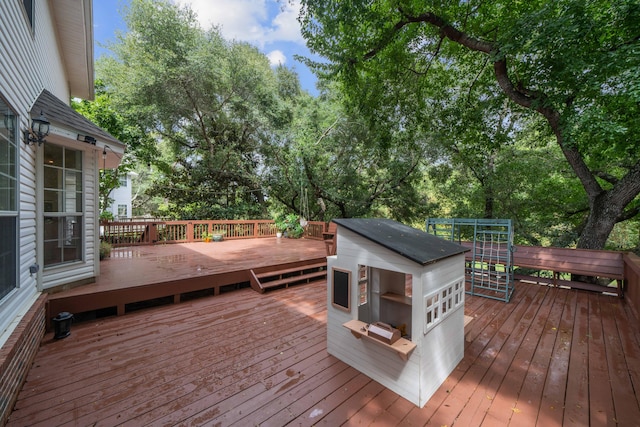 deck with an outbuilding