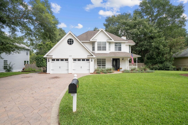 view of front facade featuring a front lawn, covered porch, and a garage