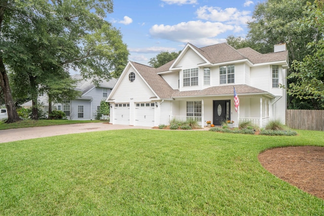 view of front facade featuring a garage, a front lawn, and covered porch