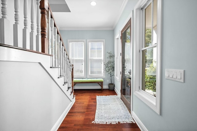 entryway with ornamental molding, dark hardwood / wood-style floors, and a healthy amount of sunlight