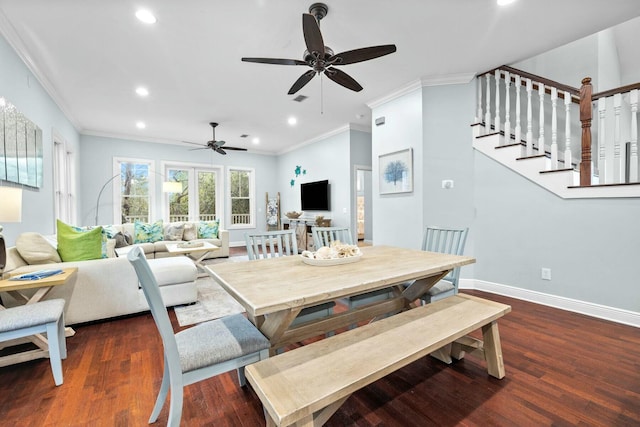 dining room with ceiling fan, dark hardwood / wood-style flooring, and ornamental molding