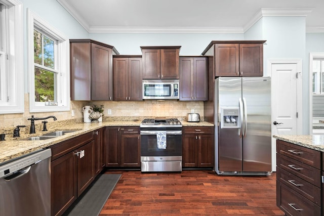 kitchen with sink, tasteful backsplash, dark hardwood / wood-style flooring, appliances with stainless steel finishes, and ornamental molding