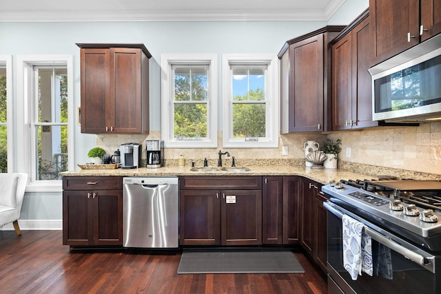 kitchen featuring dark hardwood / wood-style flooring, a wealth of natural light, sink, and stainless steel appliances