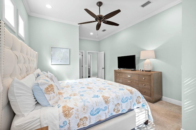 bedroom featuring ceiling fan, crown molding, and light carpet