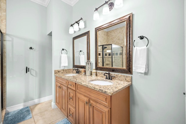 bathroom with tile patterned floors, crown molding, vanity, and a shower with shower door